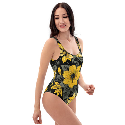 Black and Yellow Floral 1PC Swimsuit