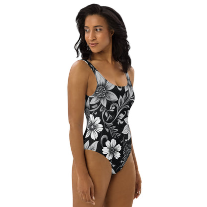 Black and White Floral 1PC Swimsuit