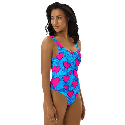 Pink Hearts on Blue 1PC Swimsuit