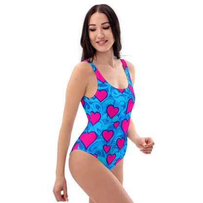 Pink Hearts on Blue 1PC Swimsuit