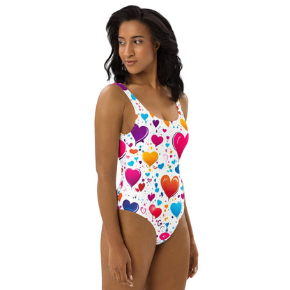 Colorful Hearts on White 1PC Swimsuit