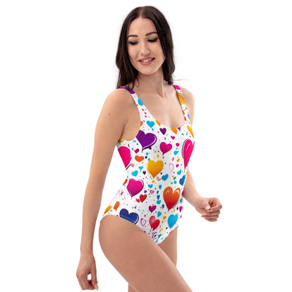 Colorful Hearts on White 1PC Swimsuit