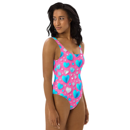 Cute Blue Hearts on Pink 1PC Swimsuit