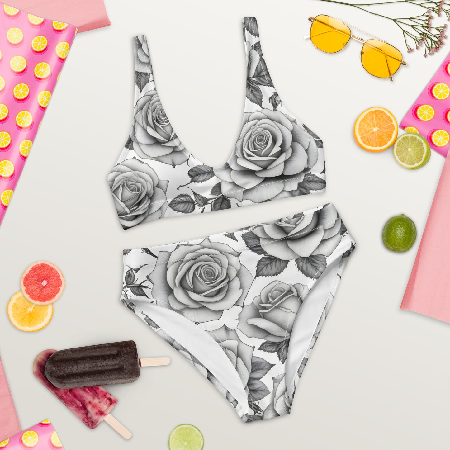 Black and White Roses Tattoo Style 2PC Swimsuit