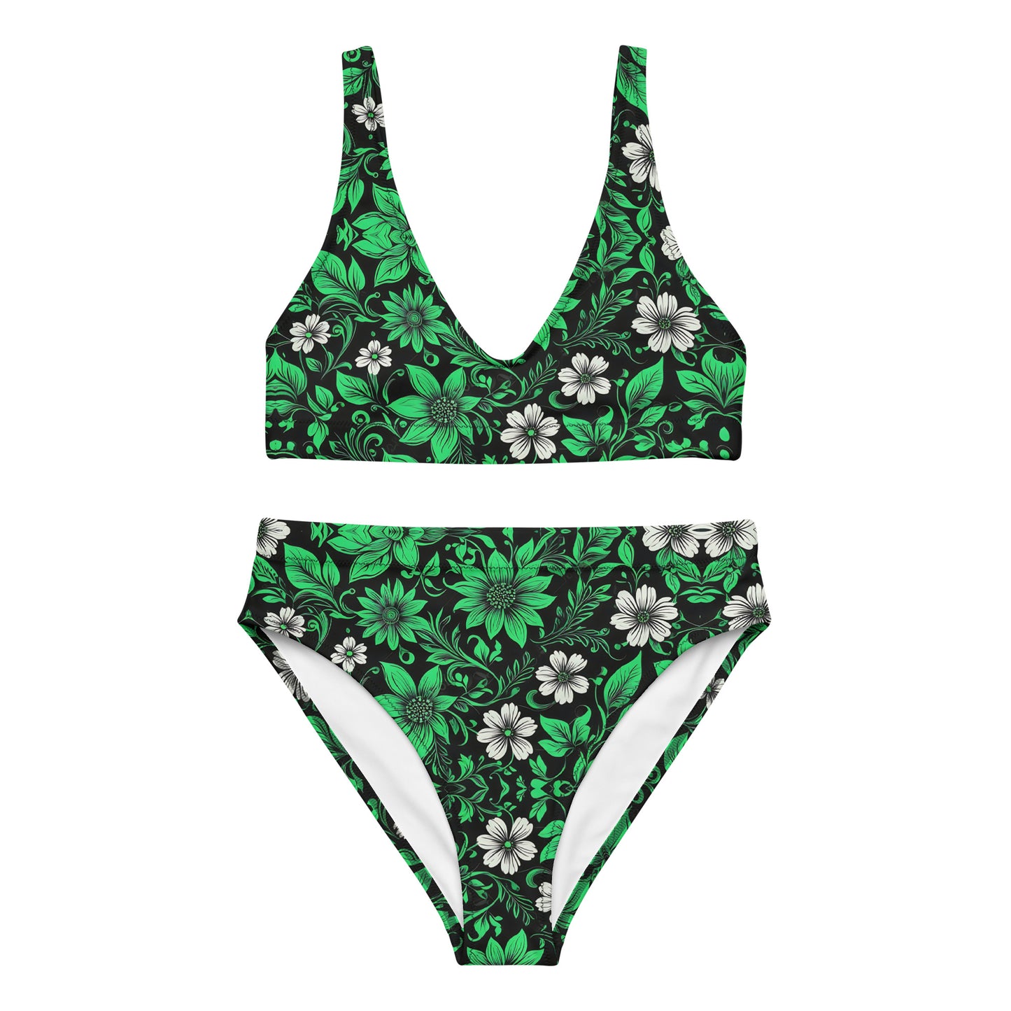 Green on Black Floral 2PC Swimsuit