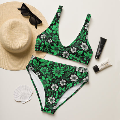 Green on Black Floral 2PC Swimsuit