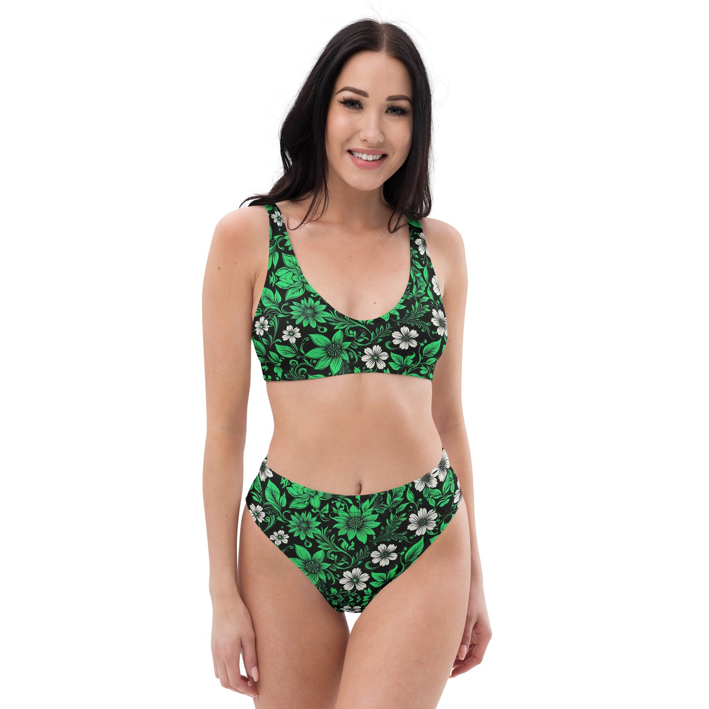 Green on Black Floral 2PC Swimsuit