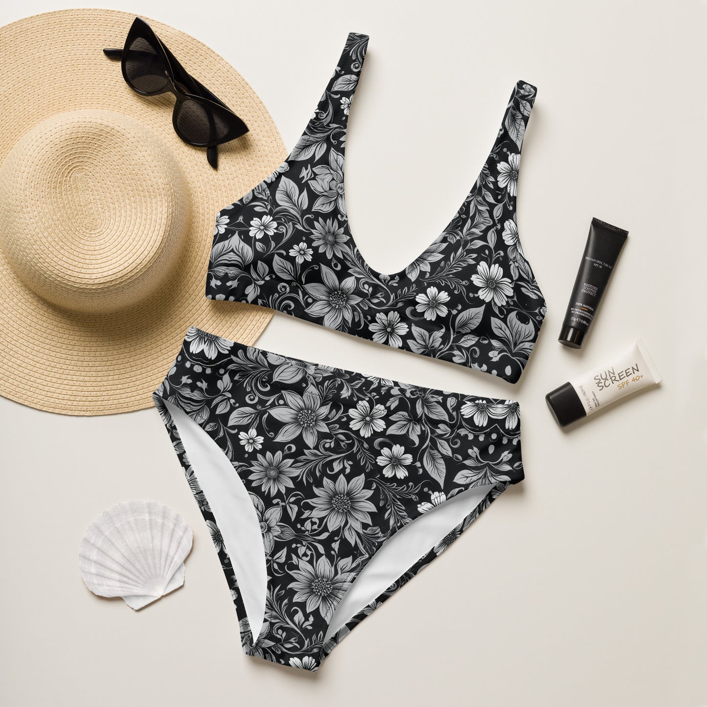 Black and White Floral 2PC Swimsuit