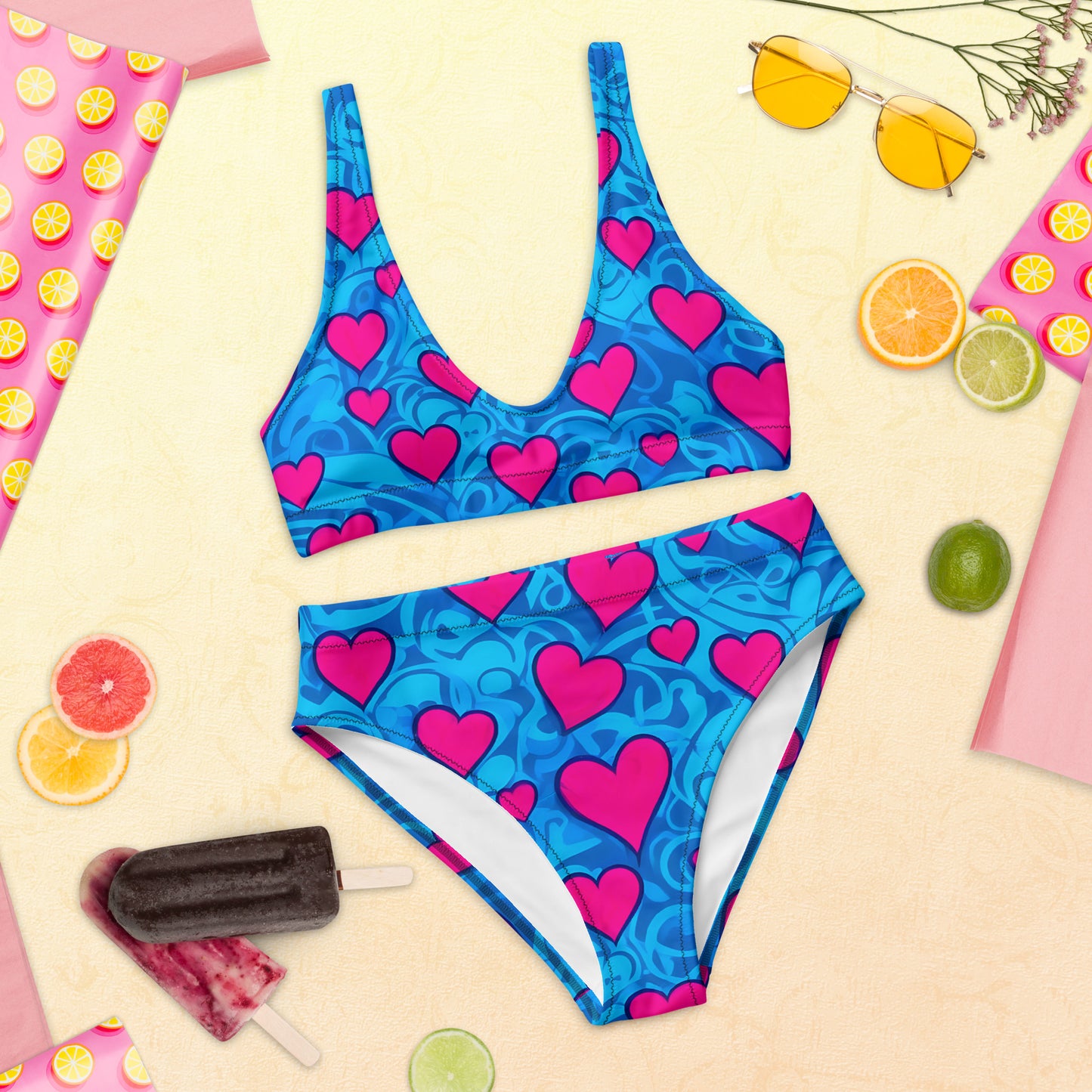 Pink Hearts on Blue 2PC Swimsuit