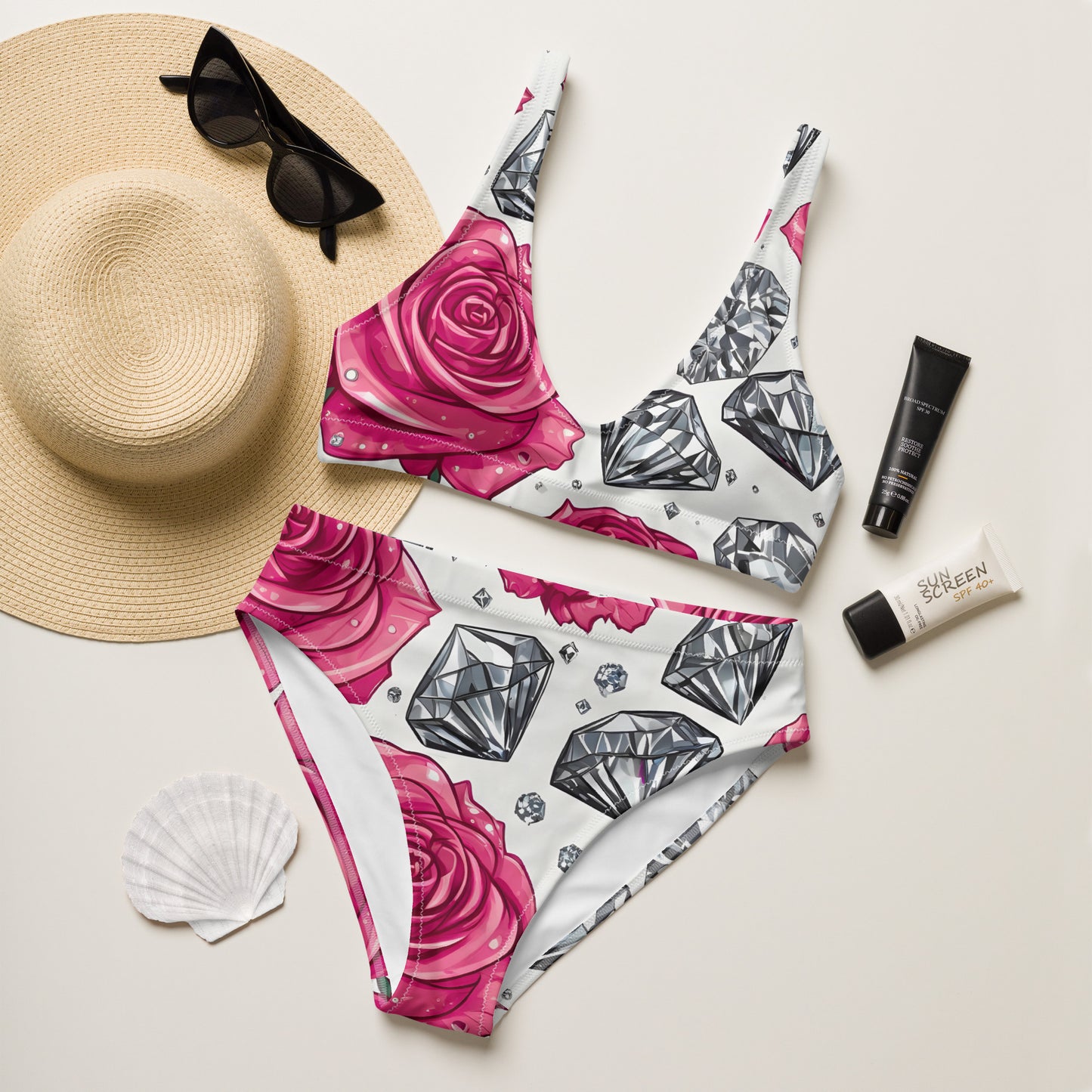 Roses and Diamonds on White 2PC Swimsuit