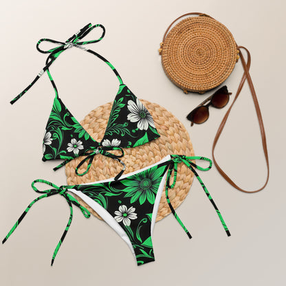 Green on Black Floral Bikini