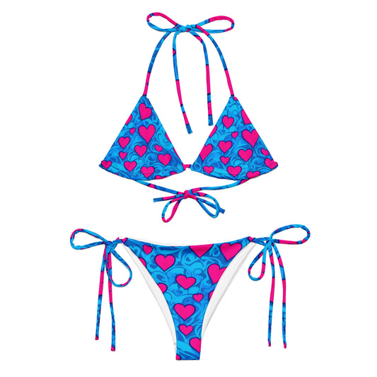 Pink Hearts on Blue Bikini