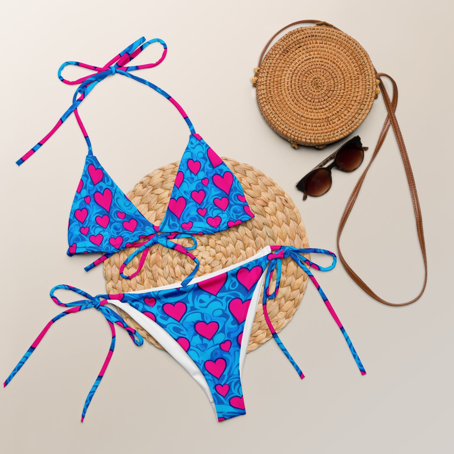 Pink Hearts on Blue Bikini