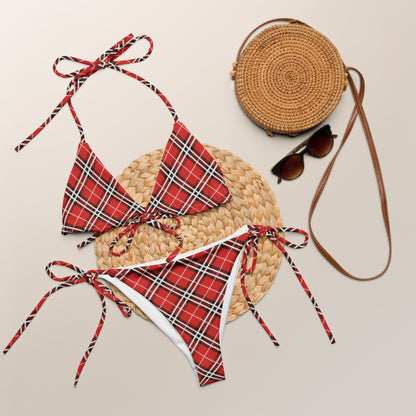 Red Plaid with White Stripes Bikini