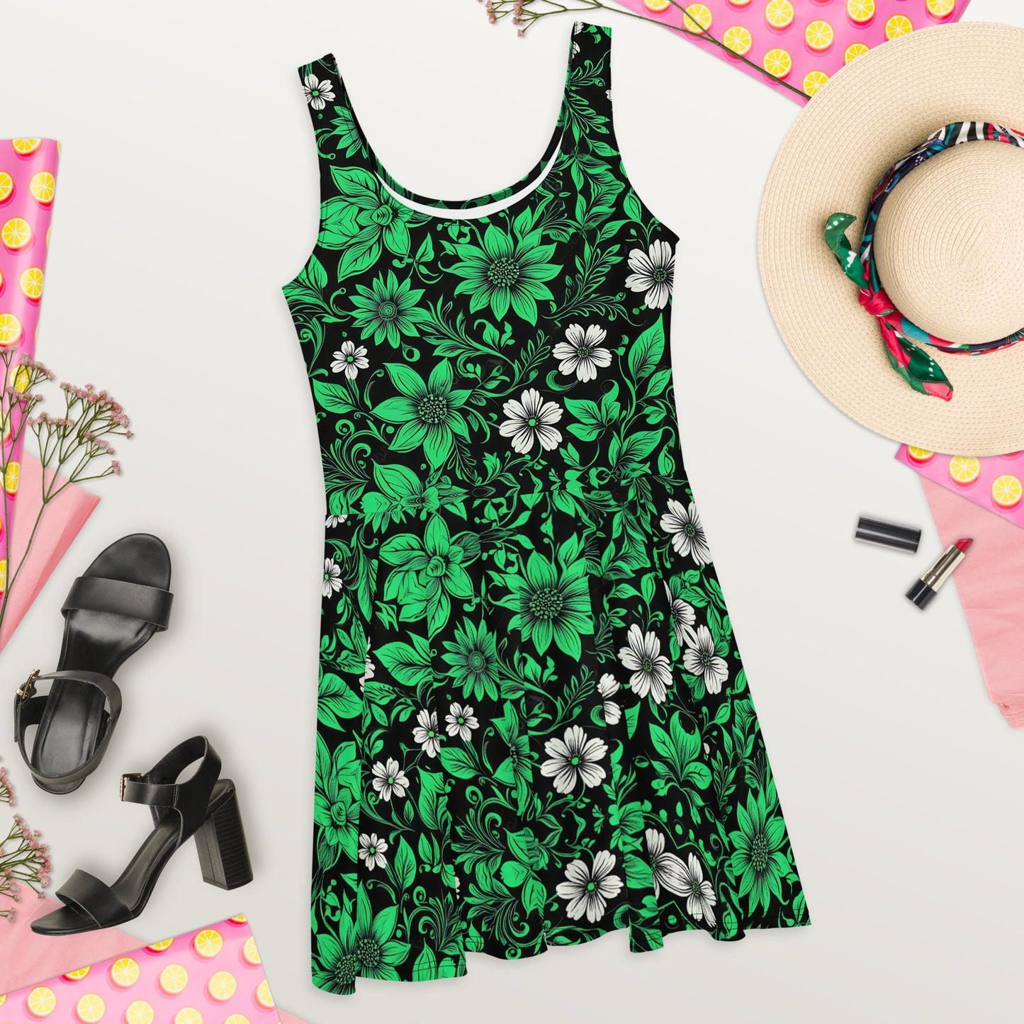 Green on Black Floral Dress