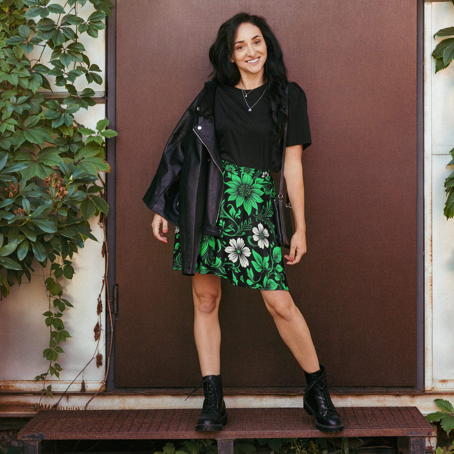 Green on Black Floral Skirt